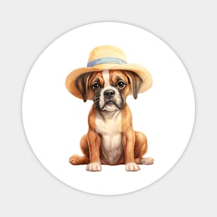 Watercolor Boxer Dog in Straw Hat Magnet